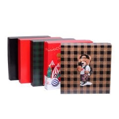 25x25x9 cm Kapaklı Hediye Kutusu kırmızı yılbaşı desen - 50