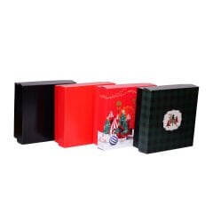 25x25x9 cm Kapaklı Hediye Kutusu kırmızı yılbaşı desen - 50